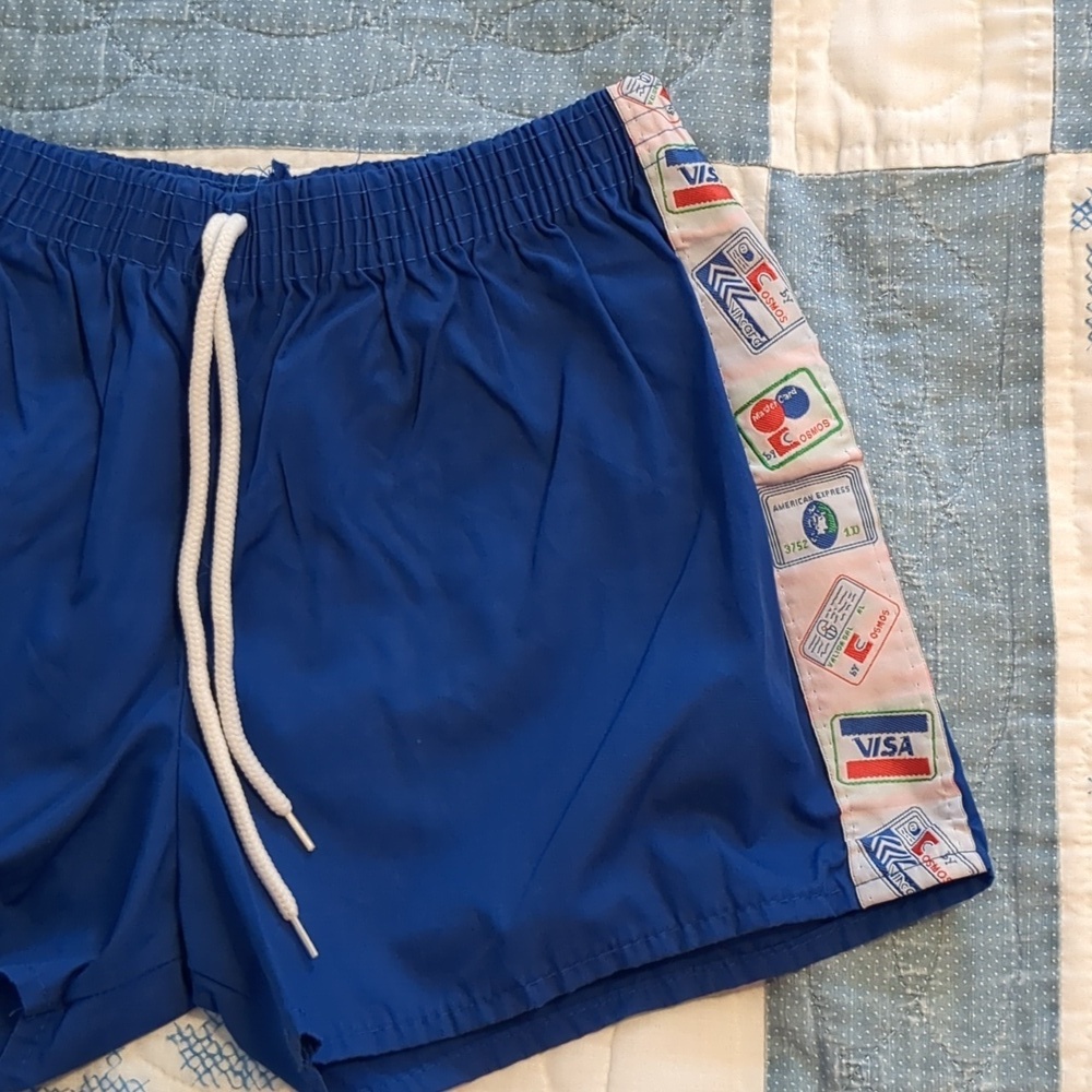 70s Italian Kitschy Blue Running Shorts Credit Card Graphics XSmall